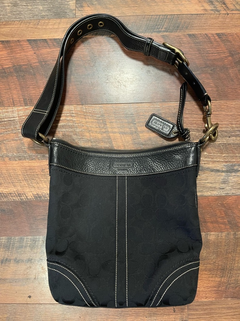Coach Black Signature Canvas Shoulder Bag with Leather Trim